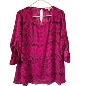 Chaus New York Long Sleeve Tiered Blouse Pink Black Size L
